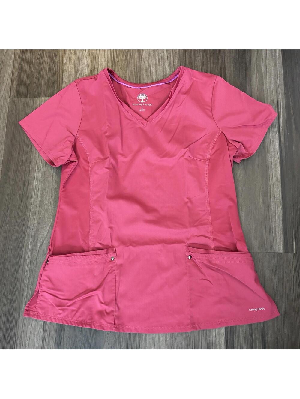 Healing Hands Scrub Top Women's Size Large Pink Short Sleeve V Neck